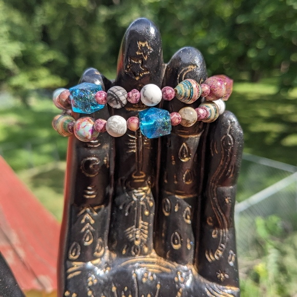 Jasper Energy Bracelet Handmade Colorful Cute Rainbow Upcycled Paper Beads - Picture 6 of 13